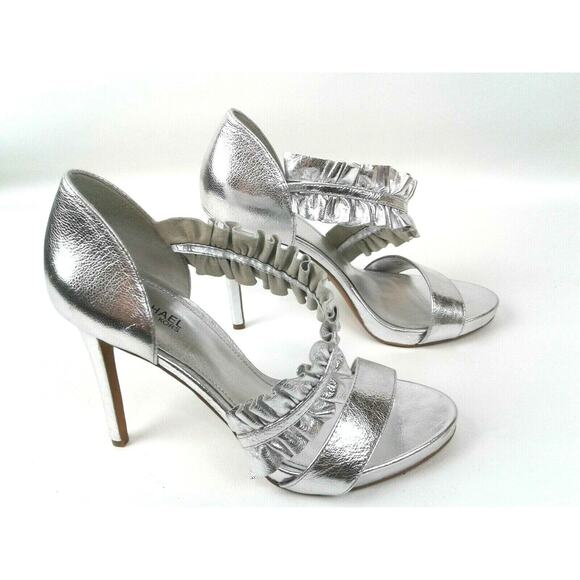 Michael Kors Womens Silver 4.5" Heels/Sandals W/Wide Ruffle Ankle Strap Sz 7.5M - Picture 4 of 8
